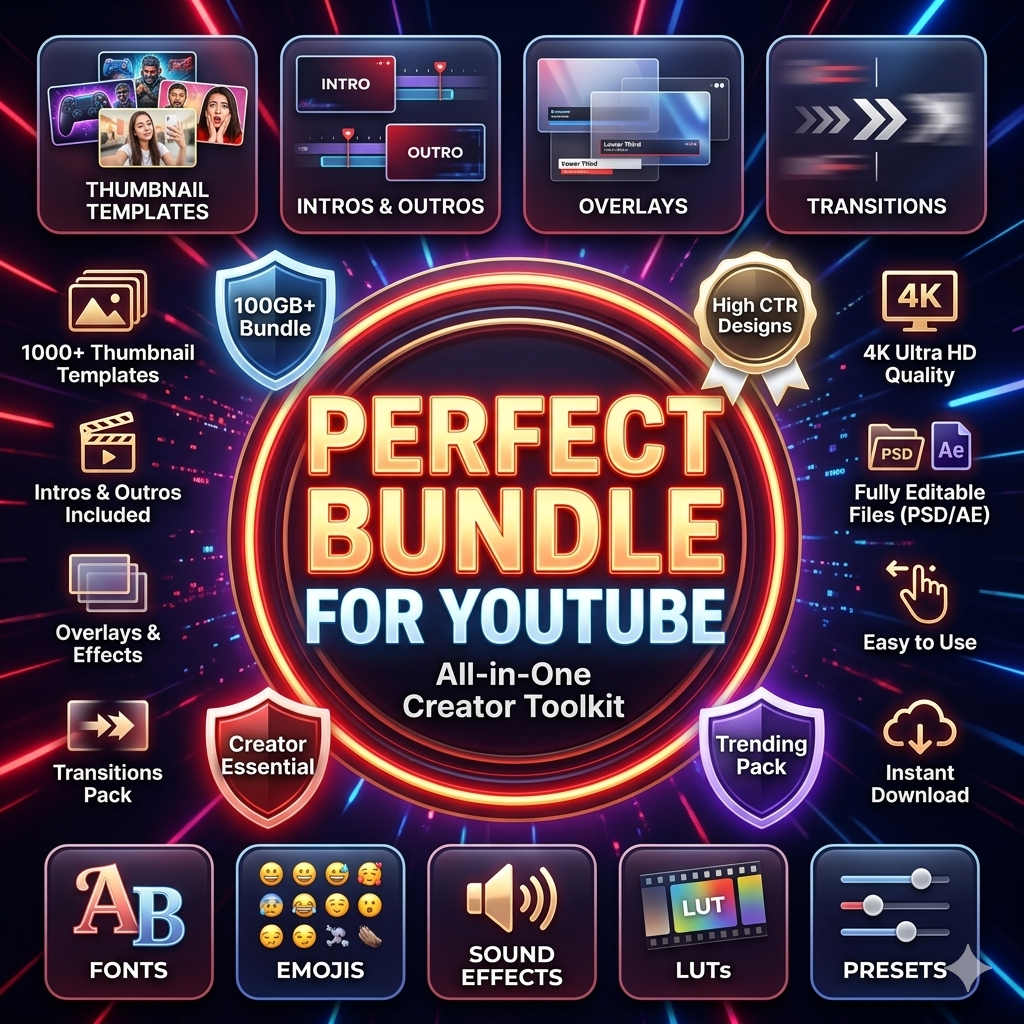 YouTube Mega Bundle (100GB+) | High CTR Thumbnails, Fonts & Presets