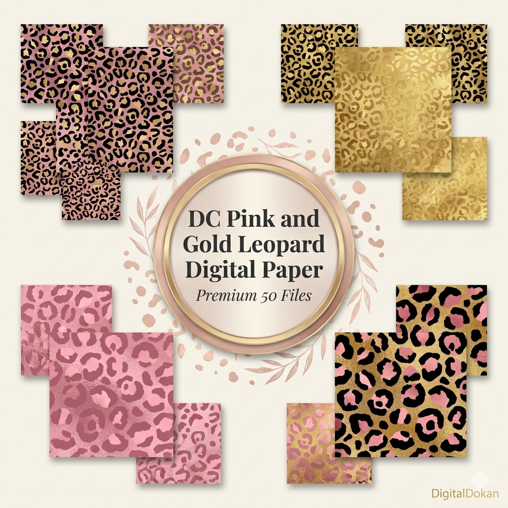 50 Pink and Gold Leopard Digital Paper Pack - Premium Animal Print Backgrounds for Glam Branding & Crafts