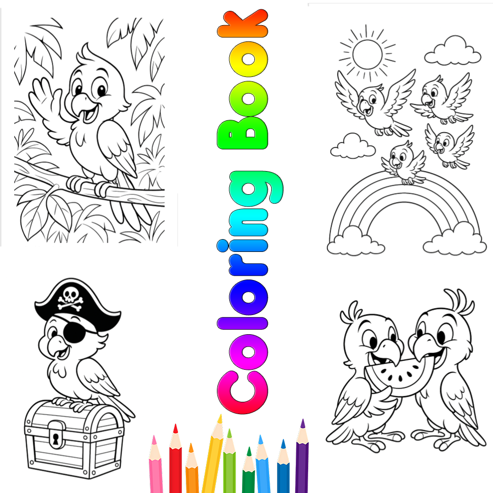 Cheerful Parrots Coloring Pages – Jungle Exploration & Pirate Birds