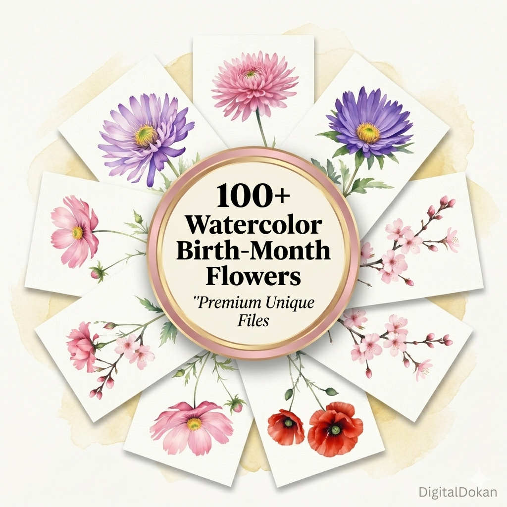 100 Watercolor Birth Month Flowers Clipart Bundle -High-Res PNG Botanical Illustrations