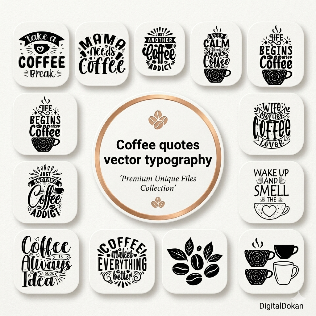 Coffee Quotes Vector Typography Bundle - Premium SVG/PNG Designs for T-Shirts & Cafe Decor